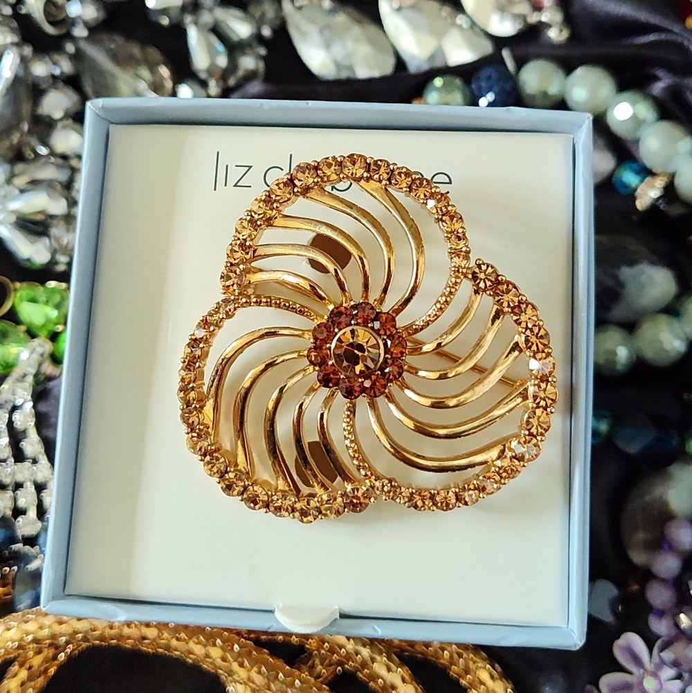Vintage Liz Claiborne Pinwheel Gold Tone Rhinestone Brooch With Box